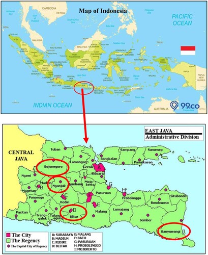 Figure 1. (a) (Above) Map of Indonesia. Source: https://berita.99.co/gambar-peta-indonesia/. (b) (Below) Map of East Java Province with 4 loci of study. Source: http://www.syncOnConnect_time=1177956727.