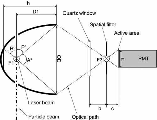 FIG. 3 Drawing of the detection system of the scattered light using an elliptical mirror. F1, F2: focal points, PMT: photomultiplier tube. The detection laser hits the particle in the first focal point. The light scattered into the range between –R° and +F° is detected by the PMT behind the second focal point. The angular range –R° and +F° is axis-symmetric with respect to the axis F1 – F2.