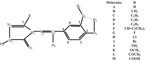 Figure 1. Numbering system used to designate specific atom of the 4-benzylidenamino-4, 5-dihydro-1H-1, 2, 4-triazol-5-ones. A and specification of electron donating or withdrawing substituent used.