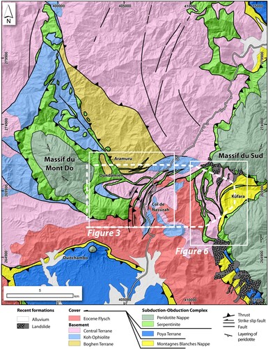 Figure 2. Simplified geological map of the surveyed area. Red dashed polygon: AEM area. Geological map reference: metadata, can be viewed online at the portal https://georep.nc. This online geographical information system includes the availability of, and progress on, New Caledonia geological maps.