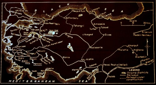 Figure 1. A map of Turkish chromium districts and railways.Source: JernA, Nya Krommalmskonsortiet, Krommalmsskeppningar. Note: This English-language map from around 1930, depicts the location of Turkey’s chromium ore regions, along with major railways that then either existed or were under construction. The first main region to attract the interest of foreign investors in the 1920s was the vast Dagardi (Daghardy in this map) chromium region, which at the time, however, lacked convenient rail access to the ports on the Aegean and the Sea of Marmara. As for the area northeast of Eskişehir, Brandt later claimed to have ‘discovered’ this mining district.