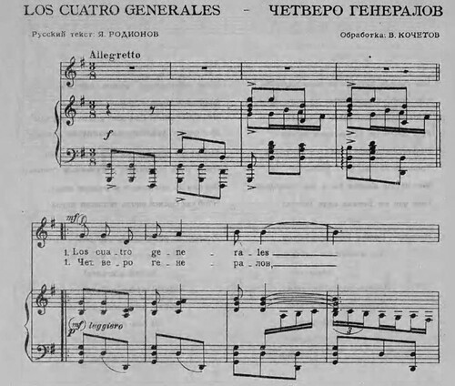 FIGURE 5 Beginning of ‘Los cuatro generales’ as published in Schneerson’s songbook (Arragend by Kochetov).