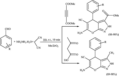 Scheme 133. Synthesis of pyrano[2,3-c]pyrazole-3-carboxylate/pyrano[2,3-c]pyrazole-5-carbonitrile using Mn doped zirconia under ultrasonic irradiation.