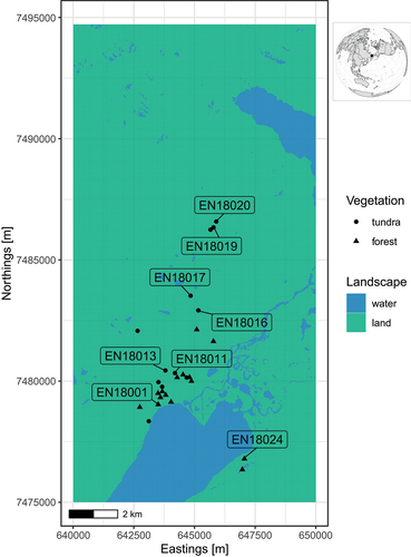 Figure 1. The study area of the Lake Ilirney system. Labels are given for field sites that are used to illustrate the simulation study results. Projection of the map is UTM58N.