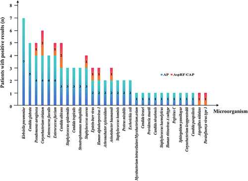 Figure 4 Microorganisms detected in non-survived patients. Klebsiella pneumoniae and Candida glabrata were the most common pathogens among the 9 non-survived AP patients, whereas Corynebacterium striatum and Candida glabrata were the most common pathogens in 2 non-survived AspRF-CAP patients.