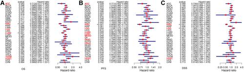 Figure 2 Association between SELENOP expression and OS, PFS and DSS. (A) Forest plot of OS associations in 33 types of tumor. (B) Forest plot of PFS associations in 33 types of tumor. (C) Forest plot of DSS associations in 33 types of tumor.