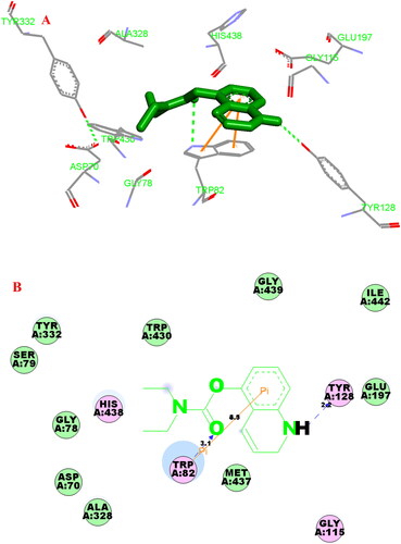 Figure 9. (A) Compound 3f (green stick) acted on residues in the binding site of hBuChE (PDB code: 4tpk). (B) 2 D docking model of 3f with hBuChE.