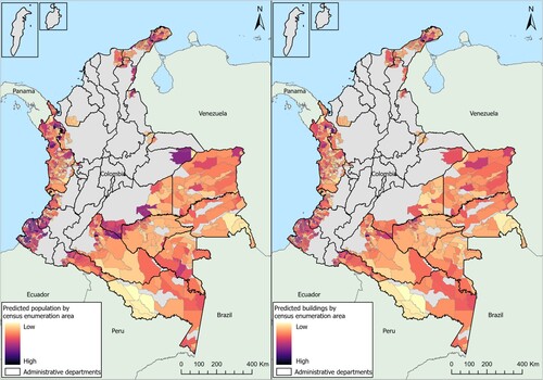 Figure 4 Predicted counts from the Combined model of population (left-hand panel) and building counts (right-hand panel) for all census enumeration areas where the routes method was conducted, Colombia 2018Source: National boundaries were obtained from Global Administrative Areas (GADM Citation2019) and the subnational boundaries from DANE (Citation2022b). The maps were created using ESRI ArcGIS pro v.2.5. See Data subsection for information on data sources used to calculate values displayed in this map.