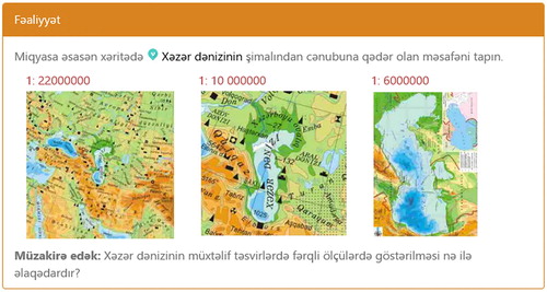 Figure 2. Exercise asking 7th grade pupils to measure the length of Caspian Sea from North to South on maps at different scales and discuss the reasons of the differences in the results (Qəribov et al., Citation2014).
