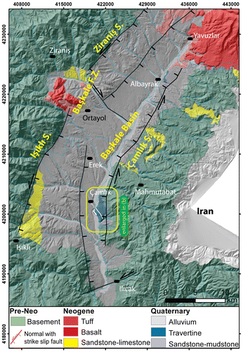 Figure 2. (a) Sketch map of the geology of the Başkale basin (Ateş et al., Citation2007). (b) Digital elevation model of the study area, including the Çamlık travertine in the Başkale basin.