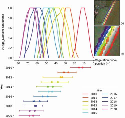 Figure 11. Top: Vegetation confidence curve position during years 2010–2020 at one transect. Bottom: Representation of vegetation curves as a line. Dots represent locations of the 0.95 confidence contours, vertical lines represent locations of the 0.05 confidence contours. Insets i and ii: Transect location and all pixels predicted as the vegetation line with confidence >0.95 overlaid on the 2020 image. Pixel colour coding by year is consistent with line graphs. Some of the colours are occluded in the image due to overlap.