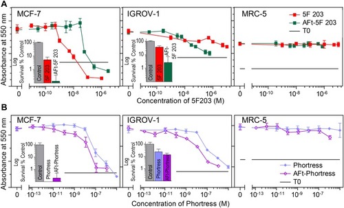 Figure 2 MTT assay (72 hrs exposure) dose–response curves of (A) 5F 203 and AFt-5F 203 and (B) Phortress and AFt-Phortress in MCF-7, IGROV-1 and MRC-5 cell lines. Data points are mean ± SD, n = 4 in one representative trial, number of independent trials = 3. Insets: Clonogenic assay displaying survival fractions following 24 exposure treated at GI50 values in corresponding cell lines. Data points are mean ± SD, taken from 3 independent trials where n=4 per trial.