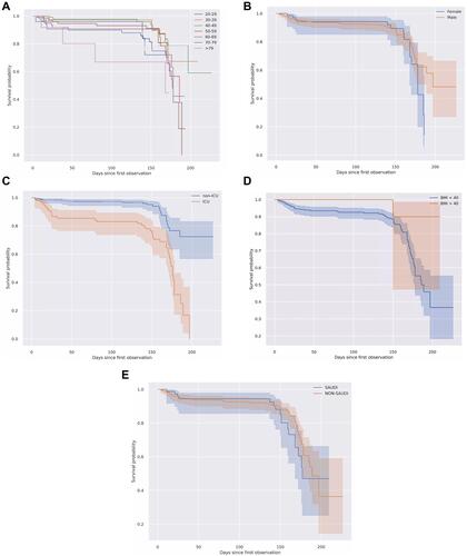 Figure 1 Kaplan Meier survival function analyses of the patients’ characteristics investigated for (A) Age groups, (B) Gender, (C) ICU/non-ICU, (D) BMI, and (E) Nationality.