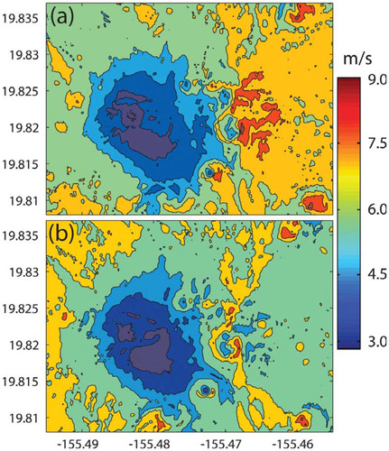 FIGURE 9. Modeled wind speed (m s-1) from cardinal wind fields: (a) east, (b) west.