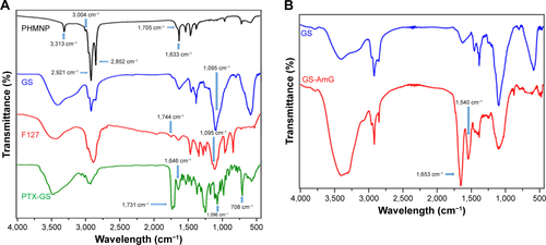 Figure S2 Surface characteristics of nanocarriers.Note: FTIR spectra of (A) PHMNPs (black), GSs (blue), F127-COOH (red), PTX-loaded GSs (green); (B) GS (blue), GS–AmG (red).Abbreviations: AmG, amphiphilic gelatin; FTIR, Fourier-transform infrared spectroscopy; GSs, Greek soldiers; PHMNPs, porous hollow magnetite nanoparticles; PTX, paclitaxel.