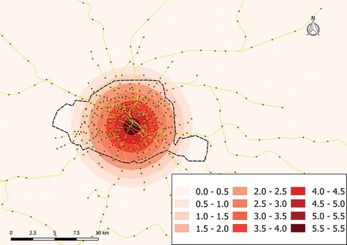 Figure 6. Density of subway stations in Paris within successive circles with 500 m increments.Source: Urban Morphology and Complex Systems Institute.