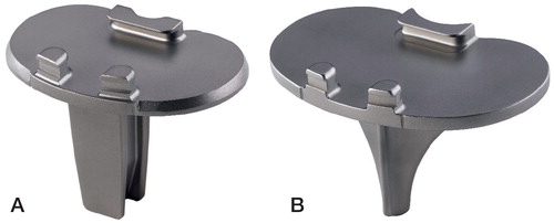 Figure 2. The Maxim Total Knee (Zimmer Biomet, Warsaw, Indiana) with cobalt-chromium Tibial Tray Interlok components with (A) an I-beam stem and (B) a finned stem.
