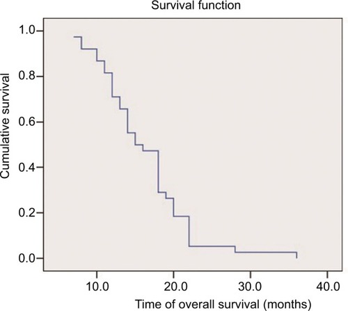 Figure 2 Kaplan–Meier curve of overall survival of the 38 patients who underwent pemetrexed maintenance therapy. Figure 3 Kaplan–Meier curve of progression-free survival of all 53 patients. Figure 4 Kaplan–Meier curve of overall survival of all 53 patients.Display full sizeDisplay full sizeDisplay full size
