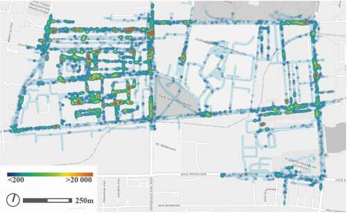 Figure 10. Average intensity of pedestrian traffic in Księży Młyn on weekends (number of transits/day/m2)