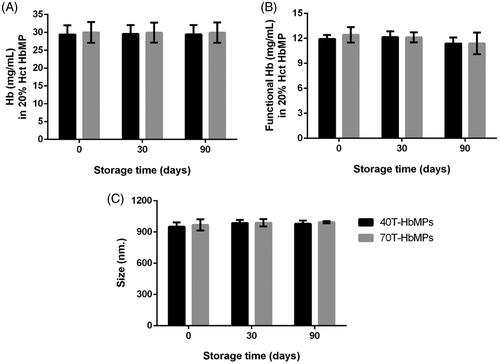 Figure 7. Stability of HbMP over 90 days. (A) Hb content of HbMP, (B) concentration of functional Hb (B) and (C) size stability by DLS analysis. Data are presented as mean ± SD (n = 3).
