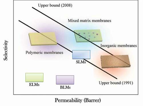 Figure 2. Comparison of SLM selectivity versus gas permeability for different types of membranes to the 1991 and 2008 Robeson curves. Reprinted (adapted) with permission from from (Citation19).