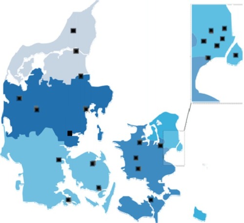 Figure 1 Geriatric units in Denmark (marked with black squares).