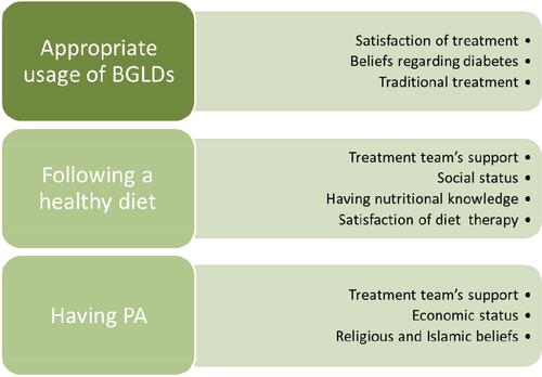 Figure 4 Major themes facilitating self-management among patients with T2DM based on the pre-action stage.Abbreviations: BGLDs, blood-glucose-lowering drugs; PA, physical activity; T2DM, type 2 diabetes mellitus.