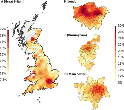Figure 1. The share of potential entrepreneurs across postcode sectors in Great Britain and the three largest cities, London, Manchester and Birmingham.Note: Grey borders in (A) depict NUTS-2 regions. Shares were calculated based on a spatial smoothing approach. Data were too scarce to produce reliable estimates in postcode sectors coloured in grey.