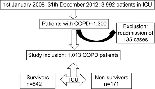 Figure 1 Flow chart of ICU admission and mortality of COPD patients during 2008–2012.