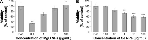 Figure 2 Effects of various concentrations of MgO NPs (A) and Se NPs (B) on cell viability in the PaTu cell line compared to untreated sample (Con).Notes: The nontoxic concentrations of MgO and Se NPs as selective concentrations for counteraction of DZ-induced cytotoxicity in PaTu cells were 100 and 0.01 µg/mL, respectively. Results are expressed as mean ± SEM from three independent experiments. **P<0.01 and ***P<0.001 indicate statistically significant differences between the mean of values obtained with treated vs untreated cells.Abbreviations: Con, control; DZ, diazinon; MgO NPs, magnesium oxide nanoparticles; Se NPs, selenium nanoparticles; SEM, standard error of mean.