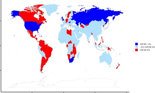 Figure 2 The APCIR of TB between 2015 and 2017 in 195 countries and territories.Abbreviation: APCIR, annual percentage change in the incidence rate.