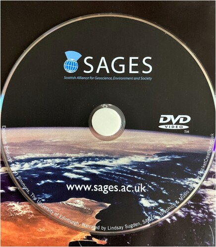 Figure 5. The DVD and logo designed to show that SAGES is both Scottish and global. The logo represents the Earth and a cross section through the atmosphere. It also resembles a Scottish thistle.