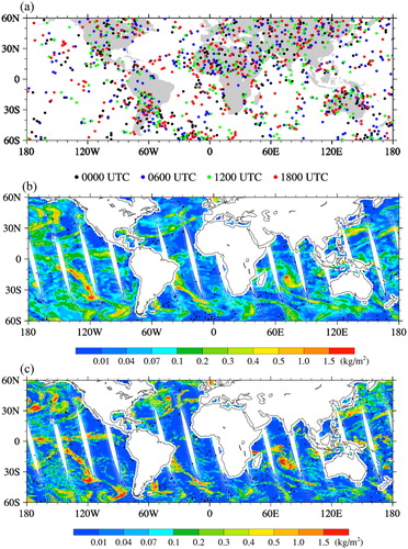 Fig. 1. (a) Geographic distributions of clear-sky ECMWF profiles selected at 0000, 0600, 1200 and 1800 UTC 22 January 2016. (b) Geographical distribution of ECMWF-modelled cloud liquid water path interpolated to NOAA-19 data points, and (c) NOAA-19 AMSU-A-retrieved cloud liquid water path over oceans on 22 January 2016. The black dots in (b) and (c) are a subset of the clear-sky ECMWF profiles selected within three hours of the NOAA-19 data points.