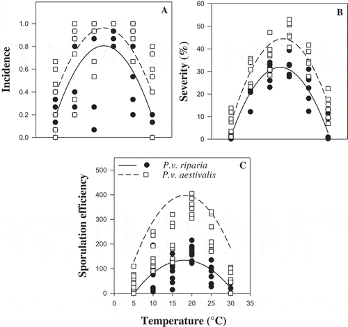 Fig. 4 Representation of linear regression analysis of the effect of temperature on the aggressiveness of the two formae speciales, Plasmopara viticola f. sp. aestivalis (P.v. aestivalis) and P. viticola f. sp. riparia (P.v. riparia), during the penetration process. (a) Incidence, (b) Severity and (c) Sporulation efficiency
