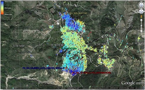 Figure 4 Deformation velocities at PS points in Stigliano area identified by PS-InSAR from Sentinel satellite data. Base map courtesy of Google Inc.