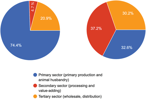 Figure 7. Distribution of stakeholder’s opinion of which sector of the agricultural value-chain has the most support services (panel A, left hand side) and the least support services (panel B, right hand side).