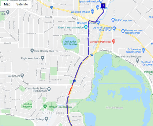 Figure 2 Example of a participant trip containing a speeding event (red), and non-speeding (blue).