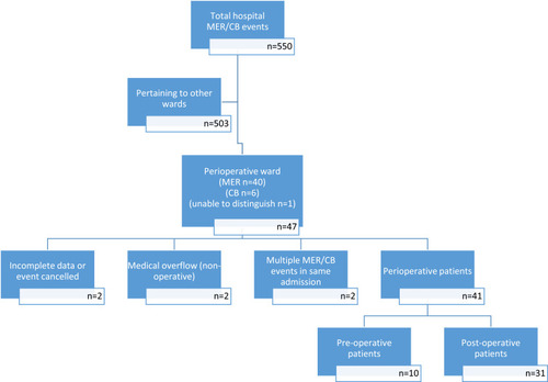 Figure 2 MER/CB events. The 47 perioperative ward events pertained to 41 pre- and post-operative patients.