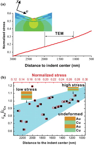 Figure 4. (a) Variation of the stress normalized by the maximum in the normal direction of the contact surface estimated by the FEM with DZ distance to the indent center, and (b) compressive strain ratio of the Au layer to the Cu layer () vs. DZ distance to the indent center.