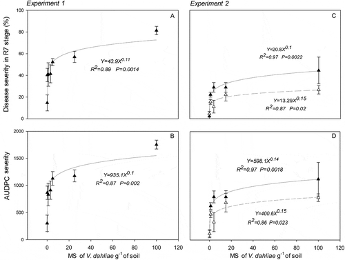 Fig. 2 Power regression model for relationship between soil microsclerotia (MS) densities of Verticillium dahliae and leaf mottle severity on R7 stage (early grain filling) or area under disease progress curve (severity) in two experiments in buried pots (Exp. 1 in the field: (a) and (b); Exp. 2 in greenhouse: (c) and (d)). Leaf mottle disease (LM) variables: Severity and the area under the disease progress curve (AUDPC) for severity. Bars indicate one standard error (n = 3 in Exp 1 and n = 2 in Exp 2). Dashed lines show LM in non-pasteurized soil.
