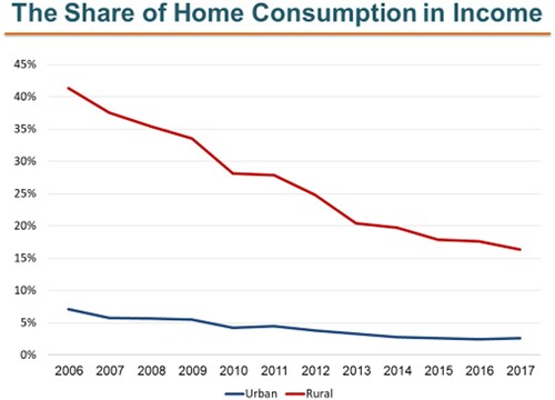 Figure 7. Share of home consumption in income in the rural and urban sectors, 2006–17 (%).Source: Author’s calculation using GeoStat data.