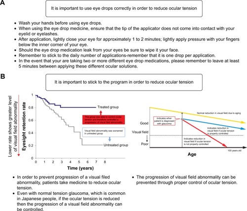 Figure 1 The two leaflets: leaflet A explains how to correctly instill the eye drops (A), whereas leaflet B explains the clinical relevance of IOP reduction in glaucoma care (B), in addition to how to correctly instill the eye drops.