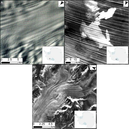 Figure 1. Examples of LSSs in different glaciological settings. (A) Landsat ETM+ image of flow-stripes on the surface of MacAyeal Ice Stream. (B) MODIS image of flow-stripes on the Ross Ice Shelf. (C) RADARSAT image of foliations on Erskine Glacier, Antarctic Peninsula.