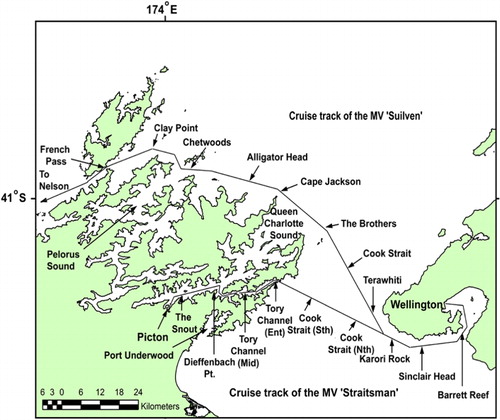 Figure 17 Stations sampled by the Cook Strait ferries MV Suilven and MV Straitsman every two to three days between September 2000 and March 2001.