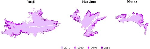 Figure 8. Projected expansion of major urban built-up areas in the TRB region during the study period.