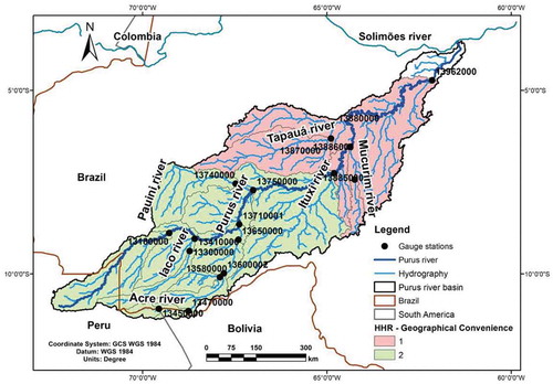 Figure 2. Hydrologically homogeneous regions (HHR) obtained for the Purus River basin