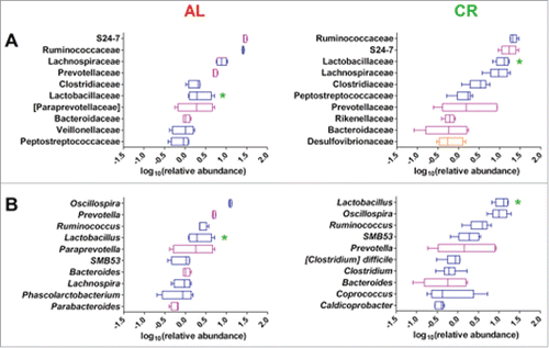 Figure 5. Fecal microbiota of ad libitum (AL, left) and caloric restriction (CR, right) treated adult rats. Boxplots show the top 10 microbial families (A) and genera (B). Features are ordered by decreasing median of the relative abundance among subjects. Boxes are colored based on the phylum membership (blue, Firmicutes; purple, Bacteroidetes; orange, Proteobacteria). Asterisks indicate significant difference (P < 0.05) between AL and CR rats at same time of treatment, with the asterisk color corresponding to the group in which a given genus was more abundant.