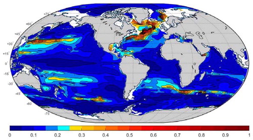 Fig. 3. Standard deviation (oC) in time of annual mean temperature at 477 m over 26 years. Intricacy of the northern North Atlantic is apparent, as are the Kuroshio path, the region south of Cape Agulhas, and other ‘hot spots’. Spatial stationarity is an unattractive hypothesis.