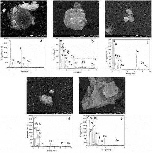 Figure 8. SEM images of a particle collected at (a) the aerosols laboratory, indoors, with the corresponding X-ray spectra obtained with EPMA; this particle has a geogenic origin. (b) particle collected at the aerosols laboratory, outdoors; the particle is assumed to have a geogenic origin with S and Zn contributions. (c) particle collected at the mechanical workshop, indoors; a welding process produced the particle. (d) particle collected at the mechanical workshop, indoors; it appears to be a conglomerate of smaller components with S attachments. (e) particle collected outdoors at the Van de Graaff laboratory; the elements correspond to a geogenic particle.