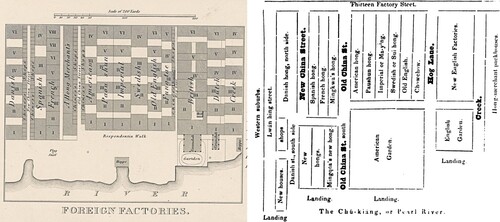 Figure 8. Plan of Thirteen Factories. Source: Left, Bibliothèque Nationale de France, 1840. Right: Chinese Repository Vol16, No.7. July, 1846: 400.